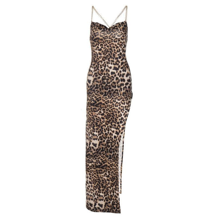 Cowl neck metal chain high slit open back maxi dress - Halibuy