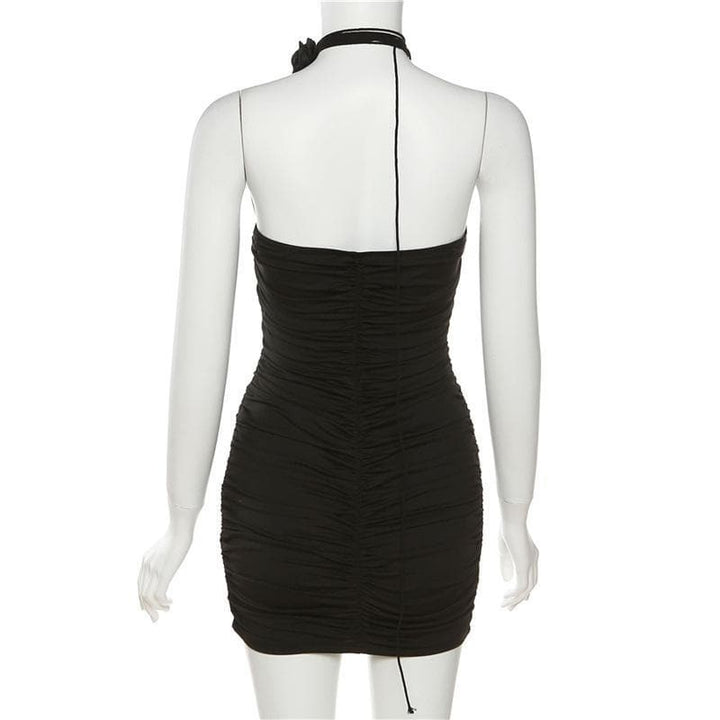Appliques solid ruched string dress - Halibuy