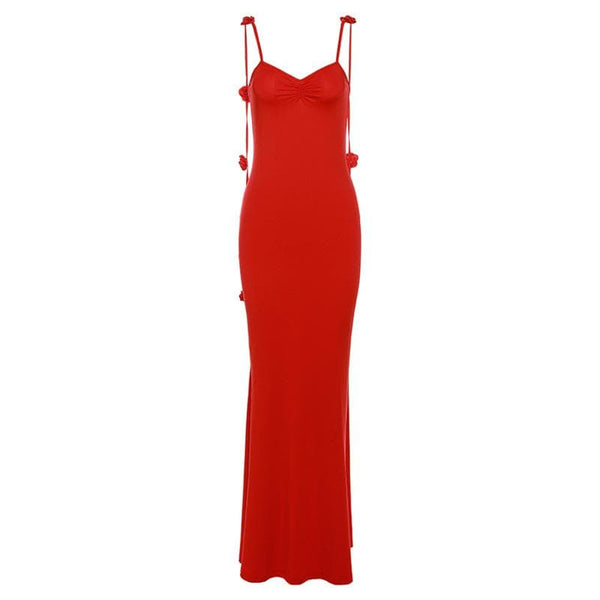 Robe longue à bretelles et rubans, dos nu, avec appliques florales et col en V | Robe de tango rouge 