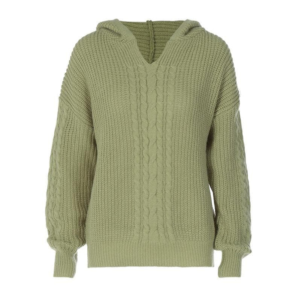 Sweat à capuche à manches longues et col en V uni en tricot
