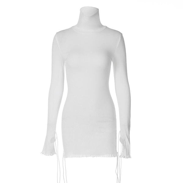 Robe mini à manches longues et col montant avec pompons unis 